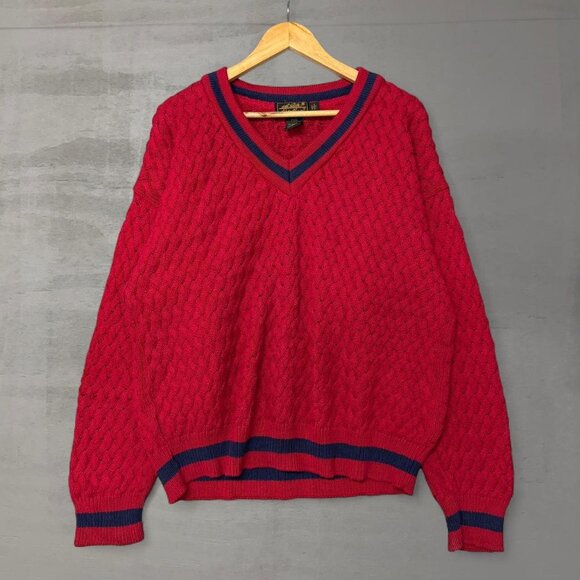 Vintage Eddie Bauer Cable Knit Red Chunky V Neck Men’s 100% Cotton Sweater XL - Picture 1 of 6